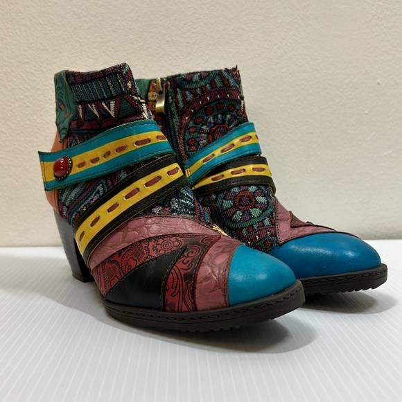 SOCOFY Women's Colorful Leather Woven Tapestry Boho Ankle‎ Boots EU38/US7.5 - Picture 1 of 10